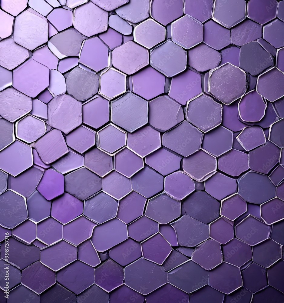Poster a close-up view pattern composed of numerous hexagonal tiles in various shades of purple, arranged in a grid-like fashion