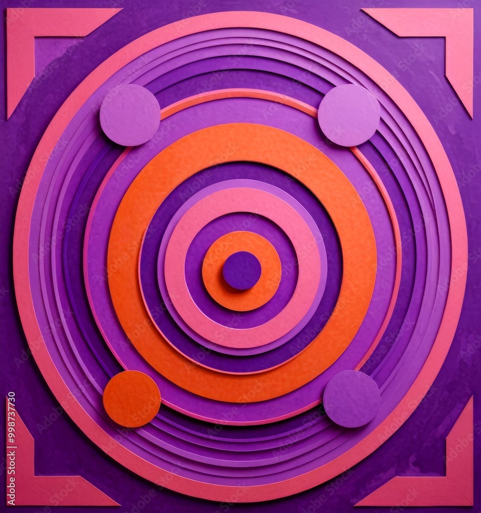Aufkleber a vibrant abstract composition of concentric circles in shades of purple, orange, and pink, with a central circle and four smaller circles surrounding it, creating a sense
