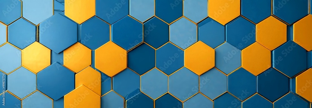 Fototapete a pattern of overlapping hexagonal tiles in various shades of blue and gold, creating a visually striking and geometric design