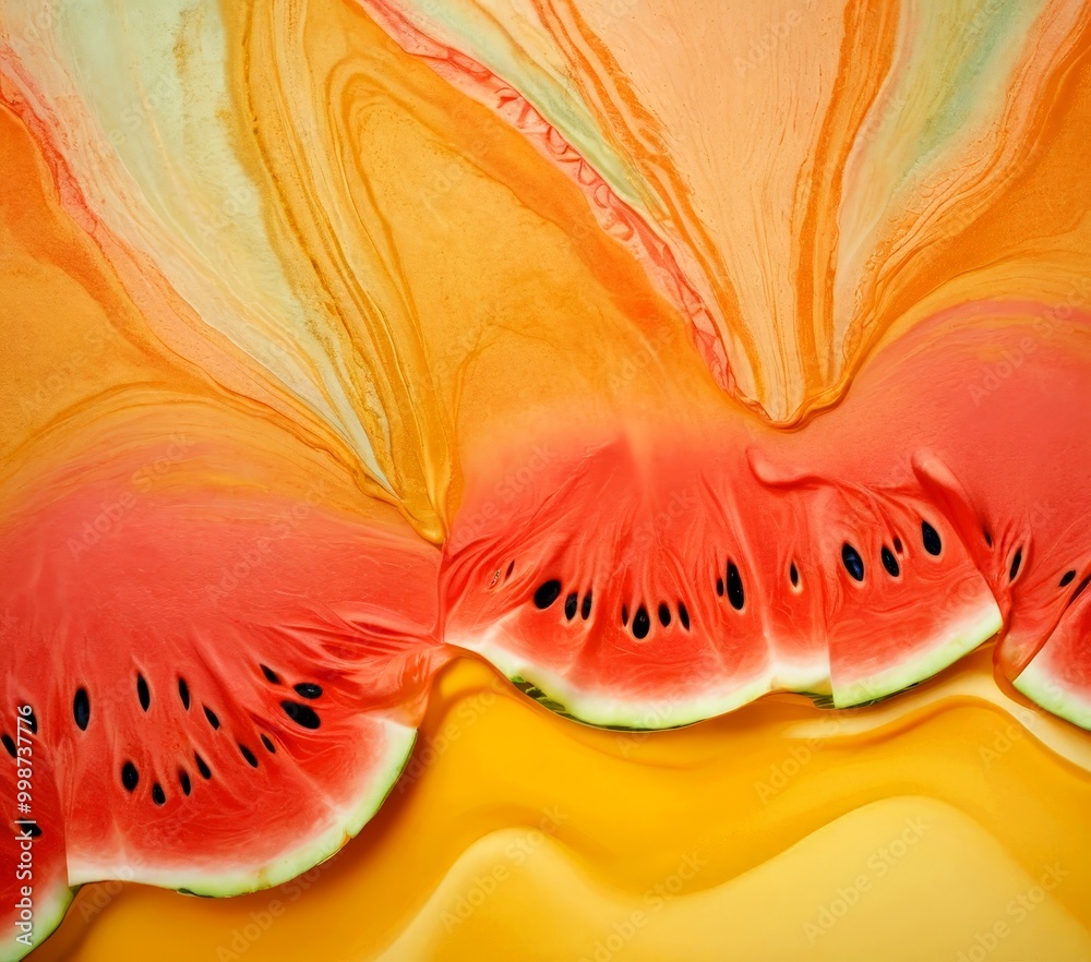 Poster a close-up view slice of watermelon, with its distinctive pink flesh and black seeds clearly visible