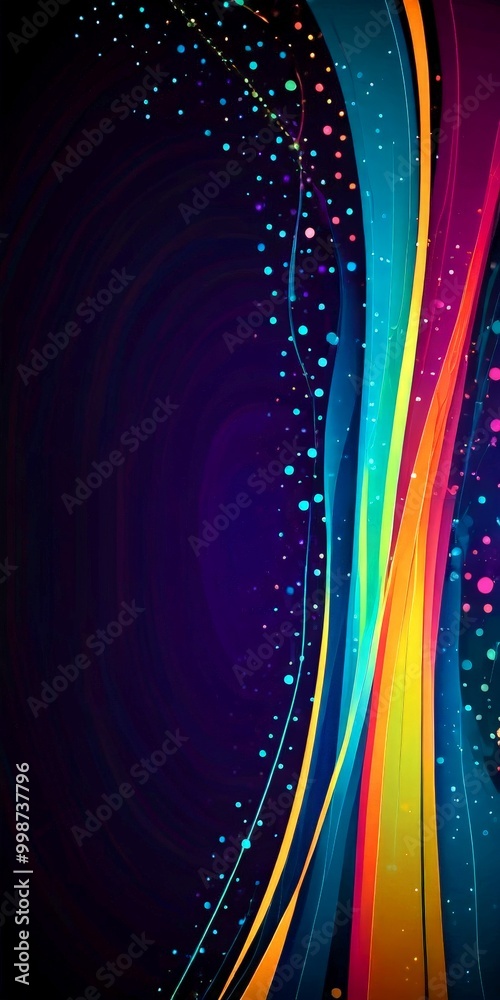 Poster a vibrant abstract design with a dark background, colorful curved lines, and scattered dots in vario