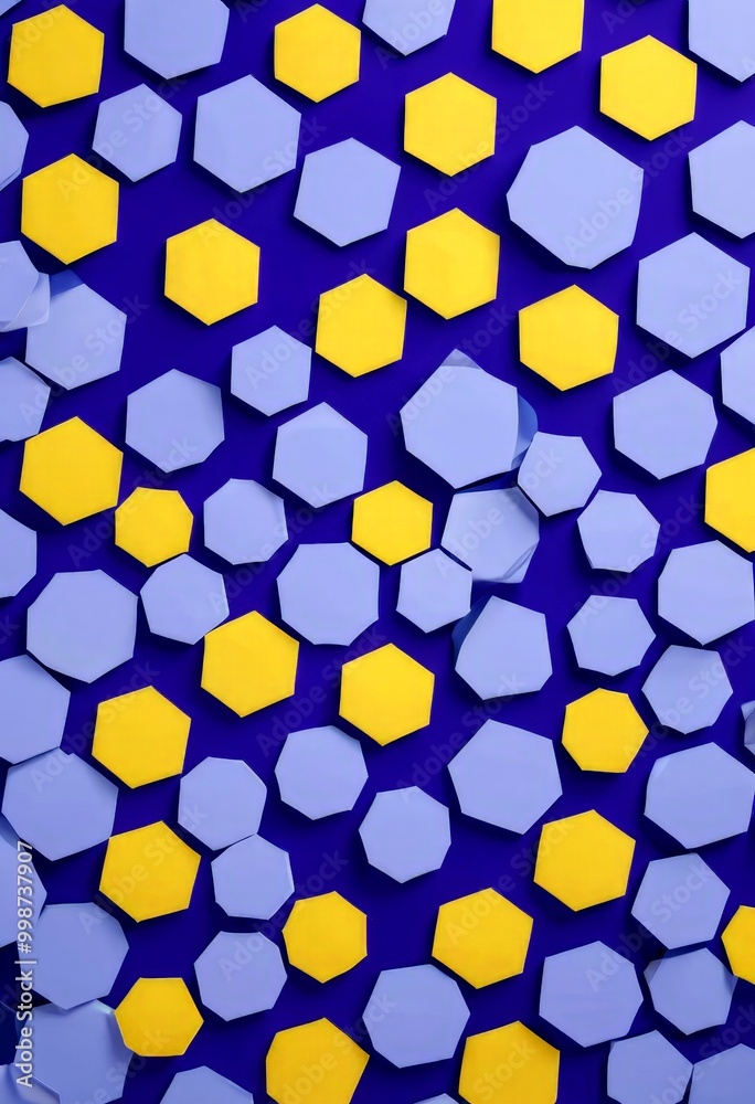 Poster a pattern of overlapping hexagonal shapes in various shades of blue and yellow against a purple background