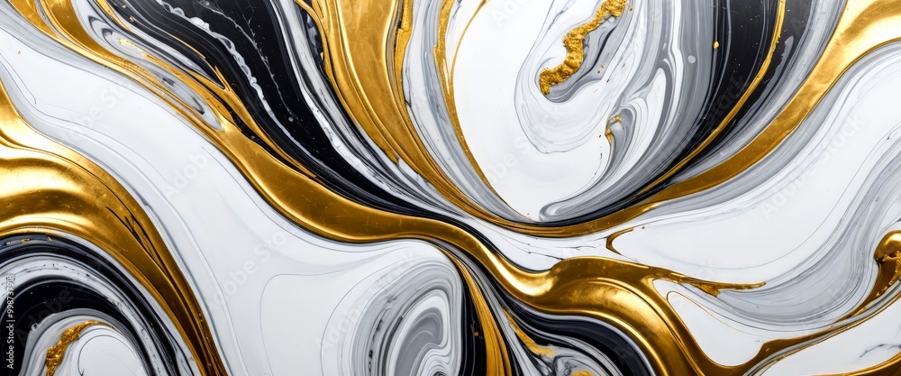Poster a striking abstract pattern with swirling lines and swirls of gold and black paint, creating a sense of movement and dynamism
