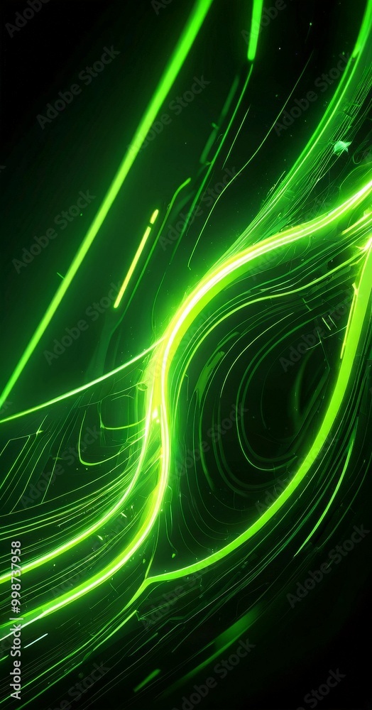 Poster a dynamic, abstract composition of green and black lines and shapes, creating a sense of movement and energy