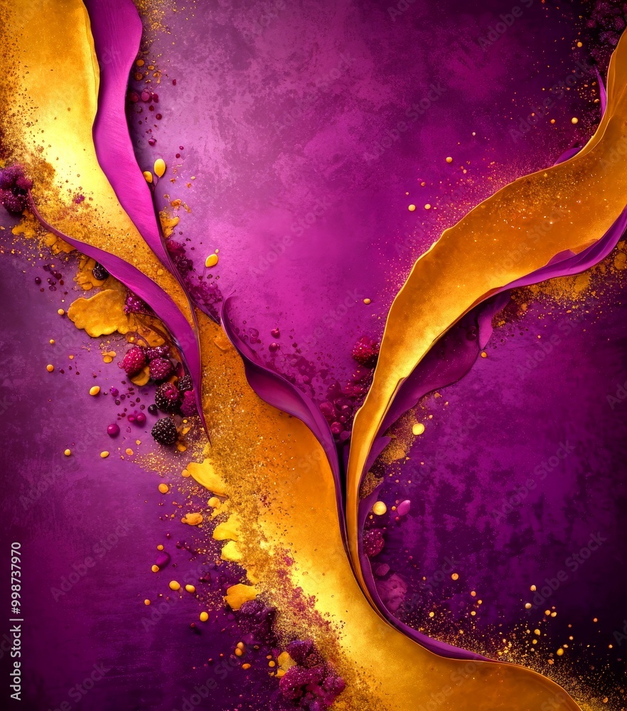 Poster a vibrant abstract composition with a gradient of purple and gold, accented by splashes of gold and 