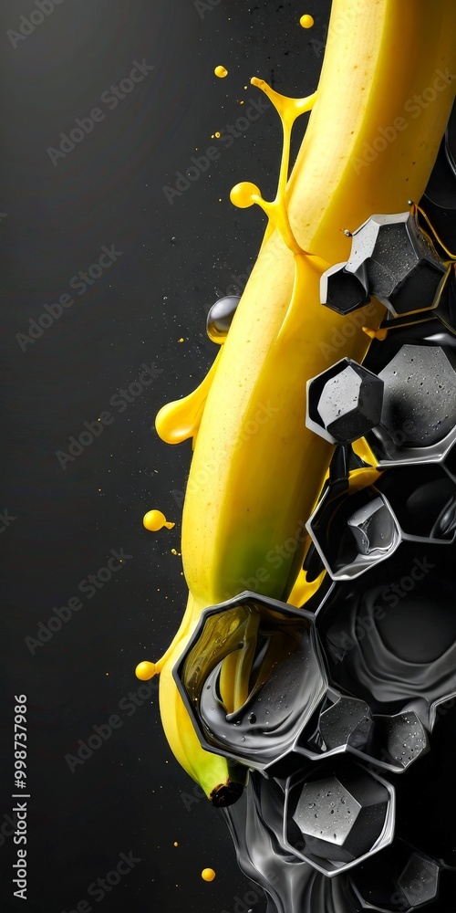 Poster a close-up view banana with a splash of yellow liquid, possibly juice, pouring out from the top the 