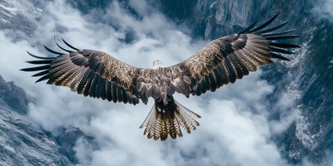 Majestic free eagle flying open wings above clouds and mountains, aerial view