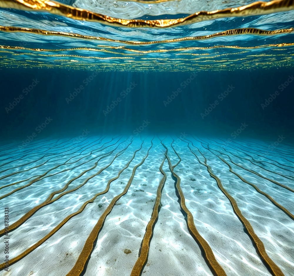 Poster a serene underwater scene with a clear blue-green water surface, where sunlight filters through the 