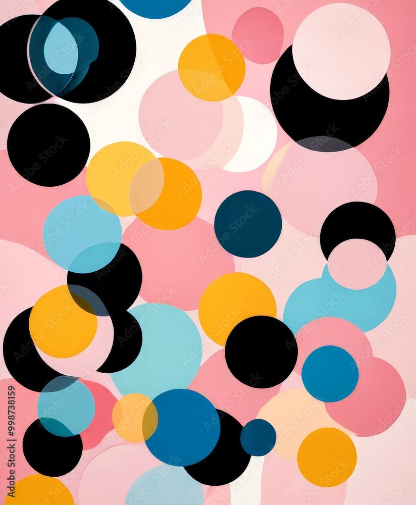 Poster an abstract composition featuring overlapping circles in various colors, including black, yellow, bl
