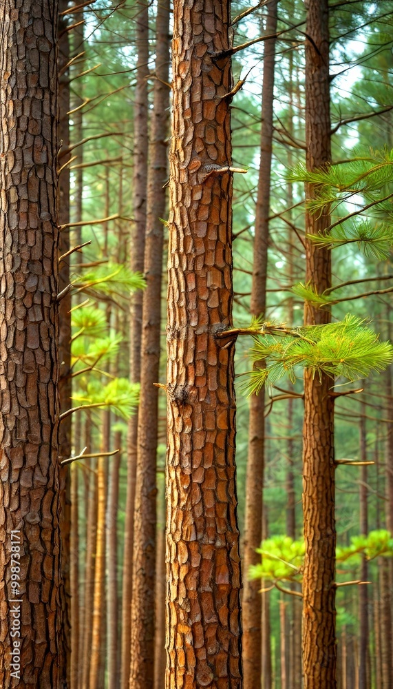 Poster a dense forest of pine trees with their rough brown bark and vibrant green needles, creating a natur