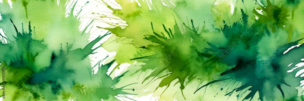 Poster an abstract watercolor painting featuring a vibrant green color palette with splashes of color and texture, creating a dynamic and energetic composition