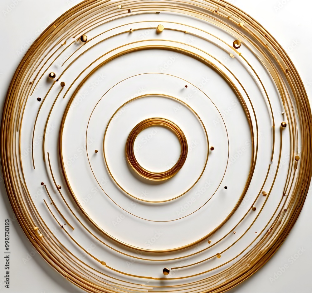 Poster a circular arrangement of gold rings and lines, with a central circular ring and smaller rings surro