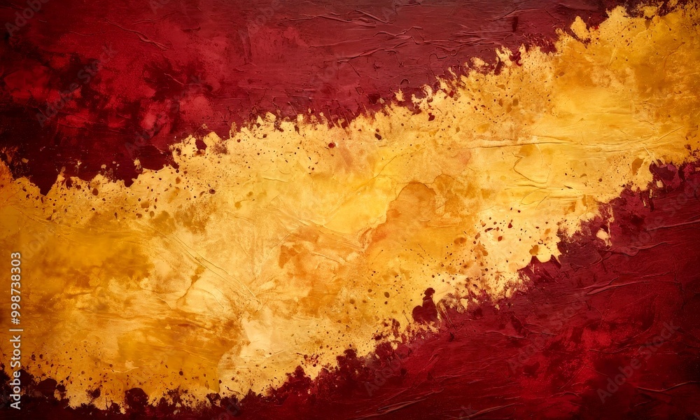 Poster a textured abstract painting with a maroon and gold color scheme, creating a dynamic and expressive visual effect