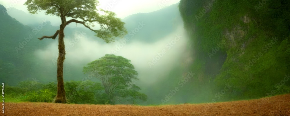 Poster a lone tree stands in a misty valley, its twisted branches reaching towards the overcast sky the sur