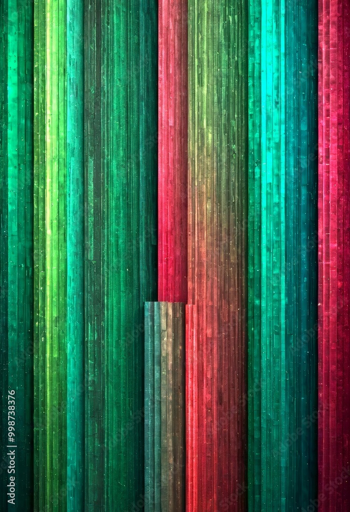 Poster a vertical arrangement of vertical wooden planks in various shades of green, red, and brown, creatin