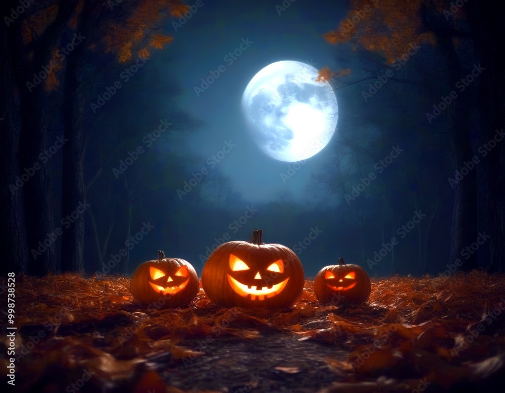 Poster three jack-o'-lanterns with glowing eyes stand on a bed of fallen leaves, with a full moon casting a