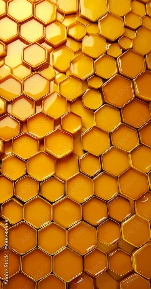 Poster a close-up view honeycomb pattern, composed of numerous hexagonal cells filled with a golden-yellow liquid, likely honey The arrangement of the