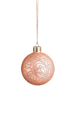 Fototapeta premium Rose gold Christmas ornament isolated against a transparent background. Christmas bauble tree decorations.