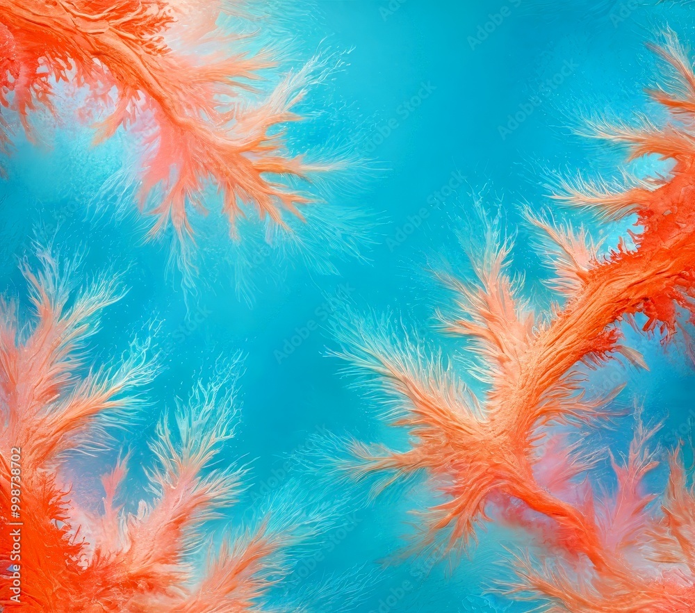Poster a vibrant abstract pattern of overlapping coral-like structures in shades of orange and pink against a blue background