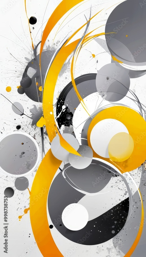 Poster a vibrant abstract composition of overlapping circles and lines in various shades of yellow, gray, and black, creating a dynamic and visually striking pattern