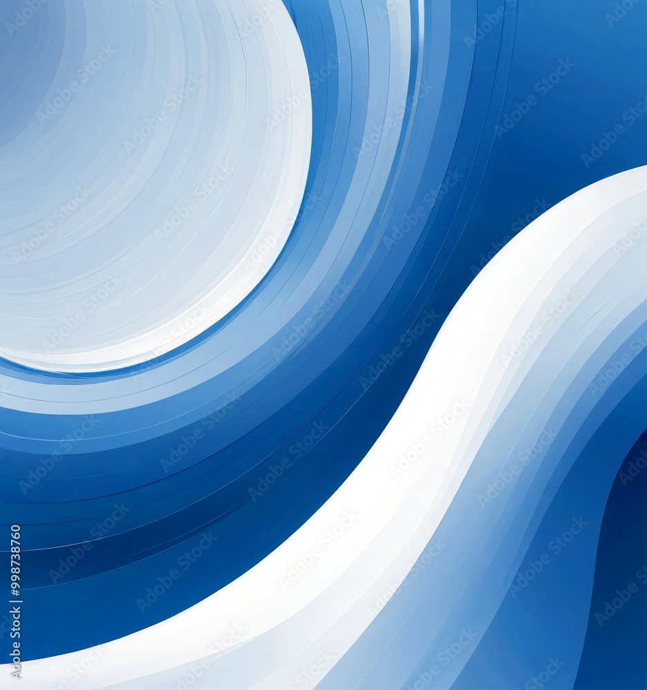 Poster a dynamic abstract composition of blue and white waves, with a gradient effect transitioning from light to dark blue The waves overlap and curve, creating a sense of movement