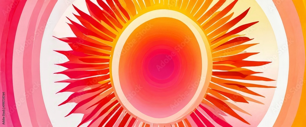 Poster a vibrant, abstract sun-like design composed of concentric circles in various shades of pink, orange, and yellow, creating a visually striking and dynamic composition