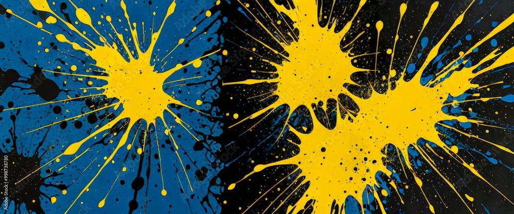 Fototapete a striking abstract composition of yellow and blue splatters and splotches against a black backgroun