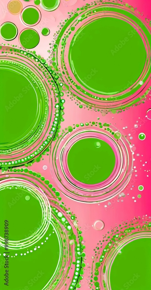 Poster a vibrant abstract pattern with green circles and pink and white polka dots The circles are arranged in a circular formation, with some overlapping and others standing alone