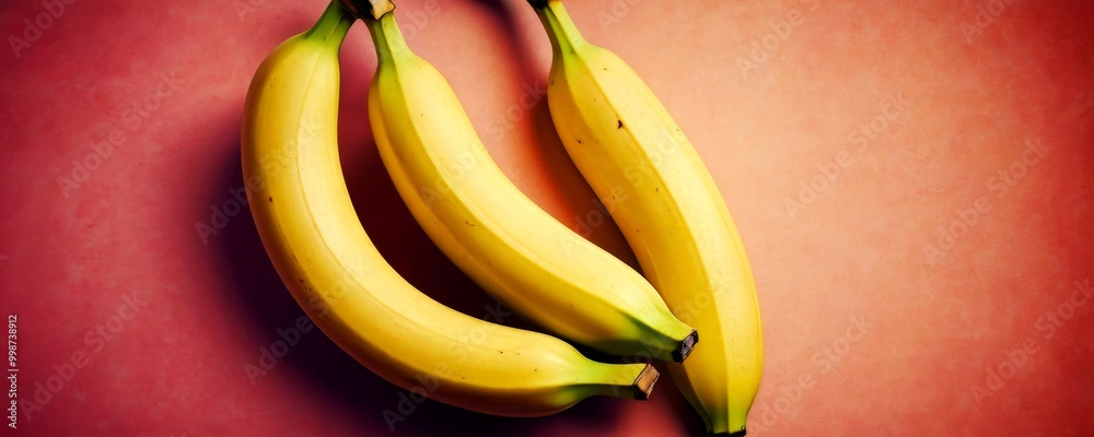 Poster three ripe bananas with green tips are arranged in a v-shape on a red background