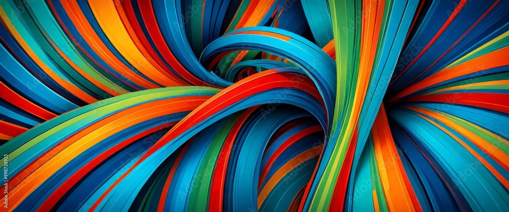 Poster a vibrant abstract composition of overlapping curved lines in various colors, including blue, orange, green, and red, creating a dynamic and visually striking pattern