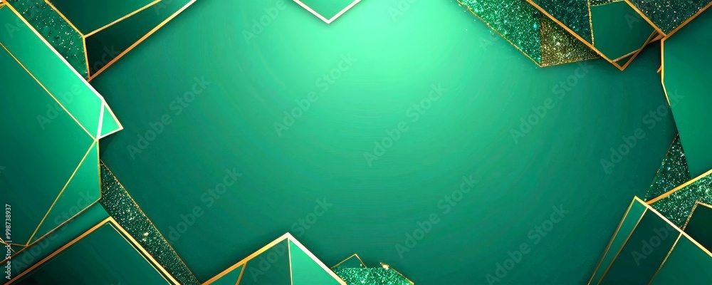 Poster a geometric pattern of intersecting green and gold lines and shapes, creating a sense of depth and c