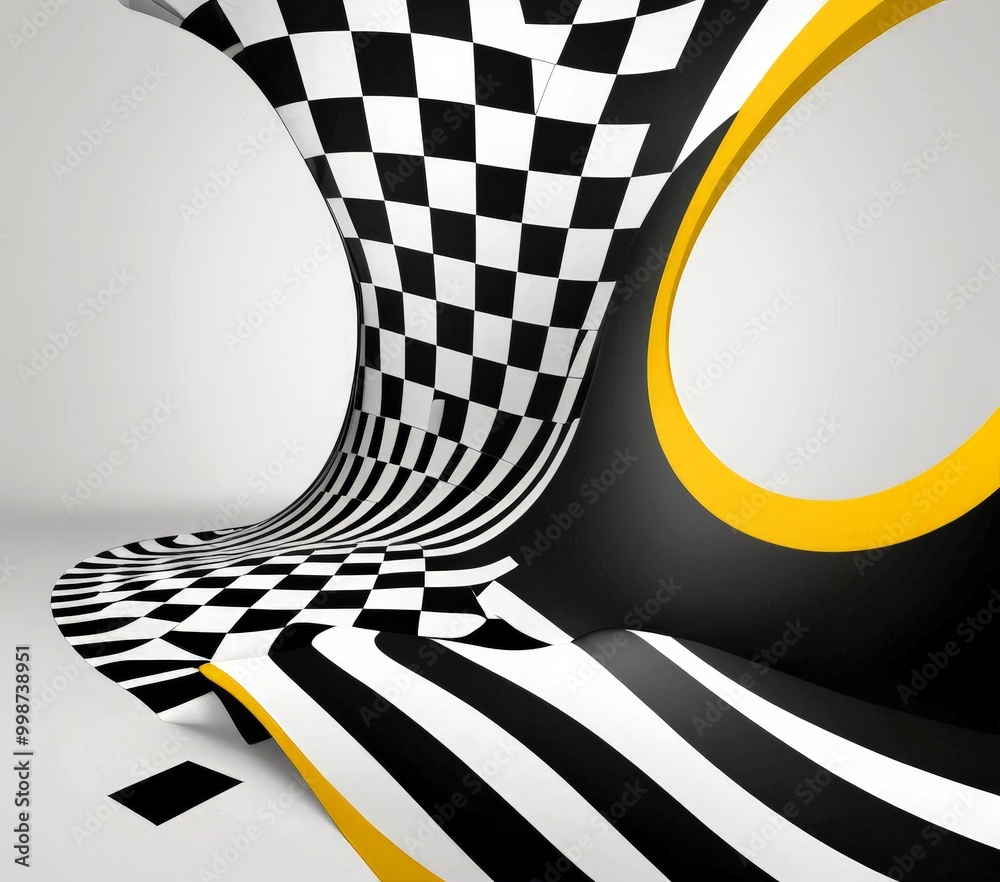 Poster a striking abstract composition with a black and white checkered pattern on a curved surface, transitioning into a yellow circle, all set against a white background