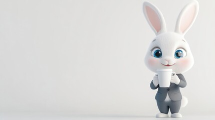 Fototapeta premium Cute Rabbit in Suit Holding Coffee Cup