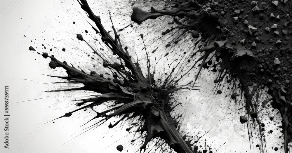Poster a black and white photograph chaotic, abstract pattern of splashes and splotches, with a sense of mo