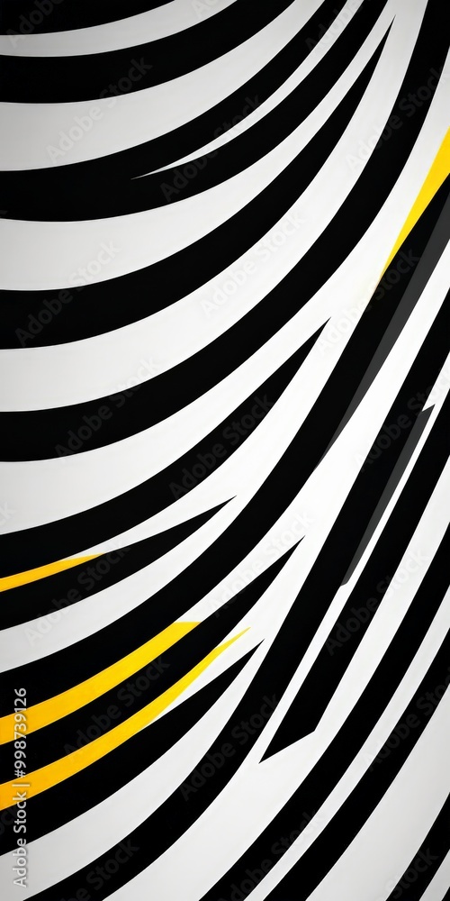 Aufkleber a striking abstract composition of black and white curved lines intersecting with yellow diagonal lines, creating a dynamic and visually captivating pattern.