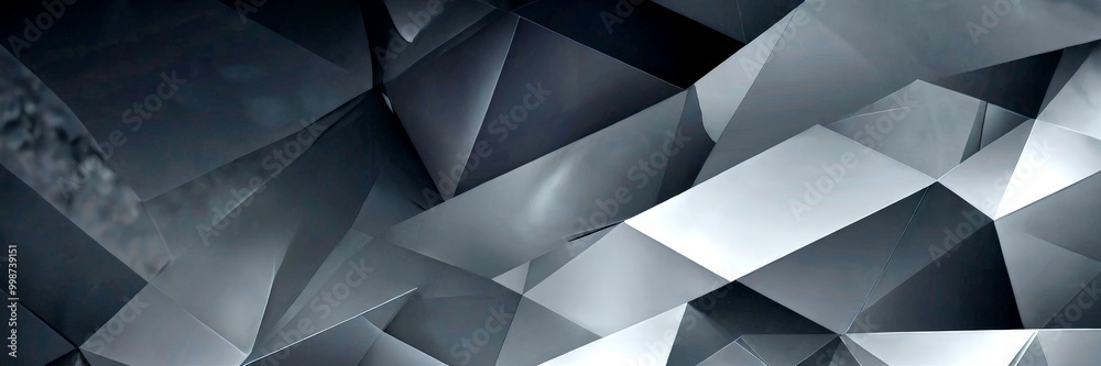 Poster a complex, abstract pattern composed of numerous triangular shapes in shades of gray and black, creating a visually striking and intricate design