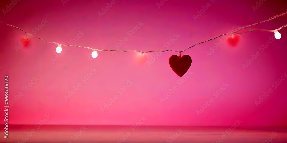 Poster a string of white lights with red heart-shaped decorations is suspended against a pink background