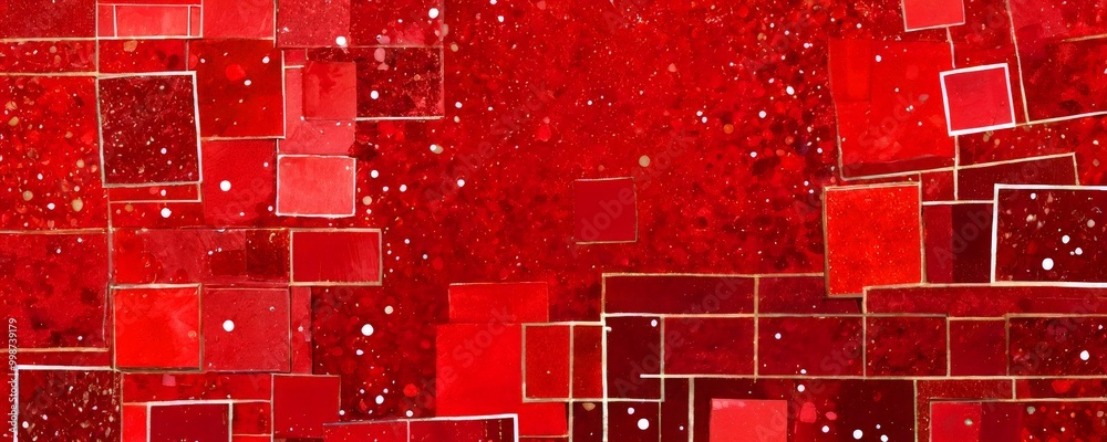 Poster an abstract composition featuring overlapping red squares and rectangles, creating a dynamic and textured pattern