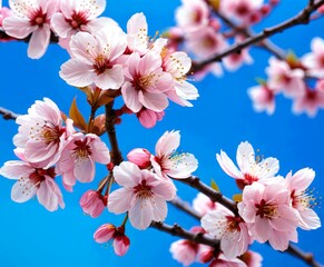 Obraz premium Delicate pink cherry blossoms in full bloom against a vibrant blue sky