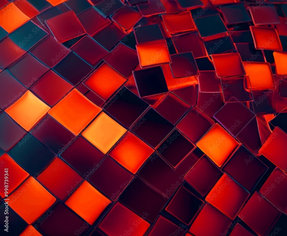 Poster a vibrant abstract pattern composed of overlapping square tiles in various shades of red, orange, and black, creating a dynamic and visually striking composition