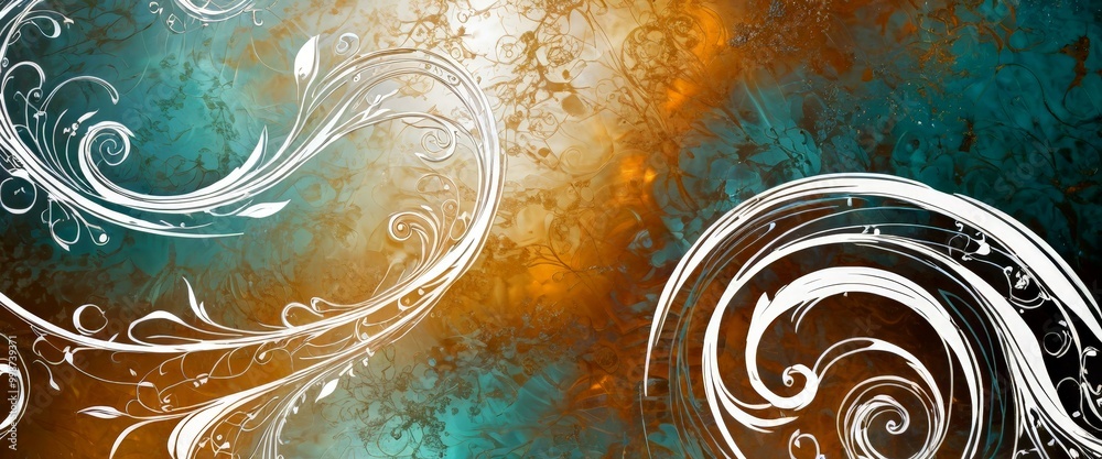 Aufkleber a vibrant abstract design with swirling patterns in shades of blue, orange, and white the central mo