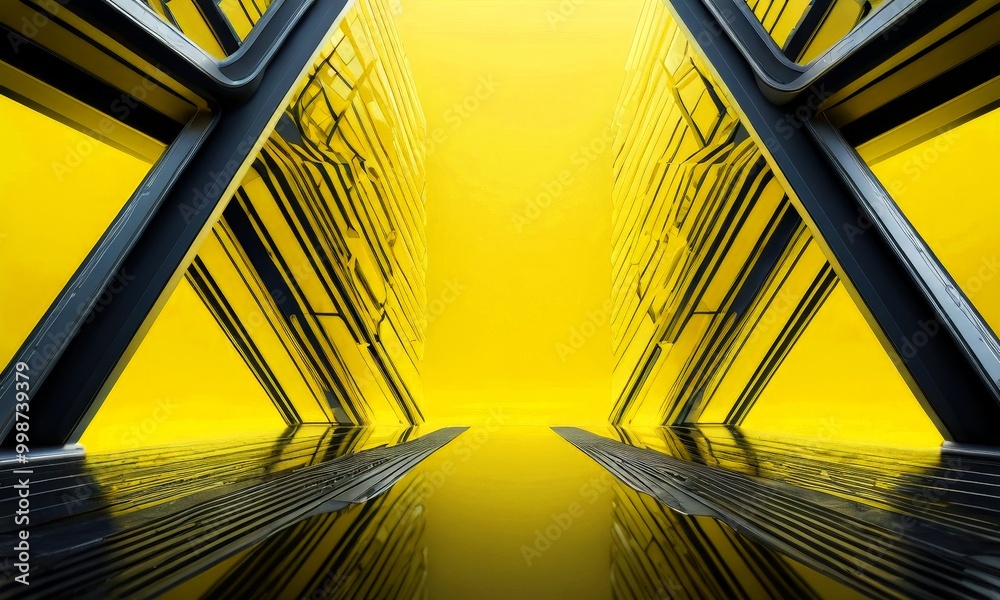 Poster a futuristic architectural structure with a striking geometric design, featuring a series of intersecting black and yellow lines that create a sense of depth and perspective