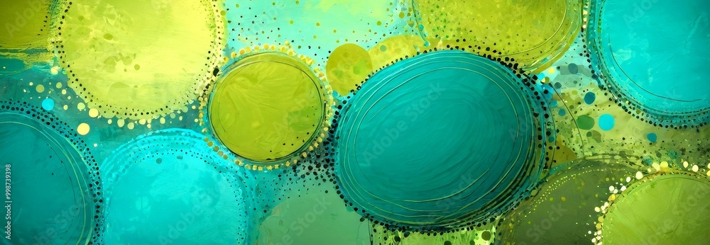 Poster a vibrant abstract composition of overlapping circles in various shades of green and yellow, with a 