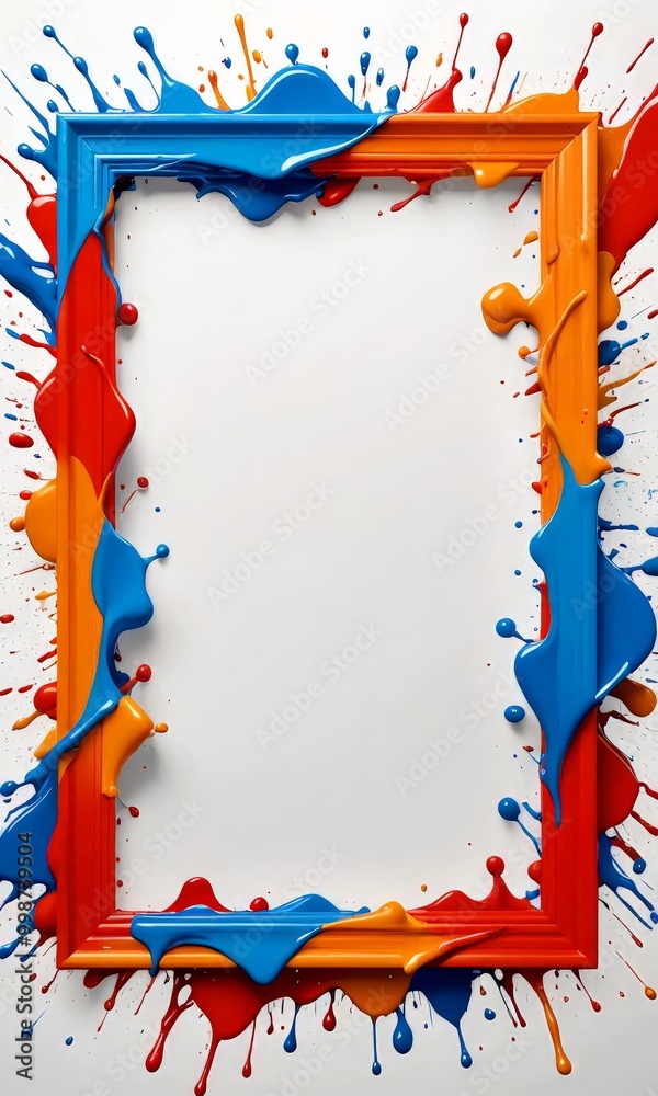 Poster a vibrant, abstract painting frame with splashes of red, blue, and orange paint, creating a dynamic 