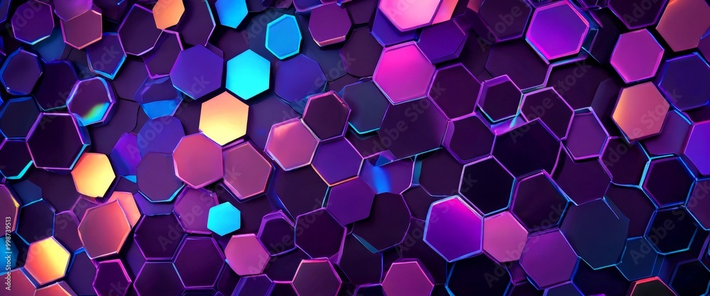 Poster a vibrant and abstract pattern composed of numerous hexagonal shapes in various shades of purple, pink, and blue, creating a visually striking and
