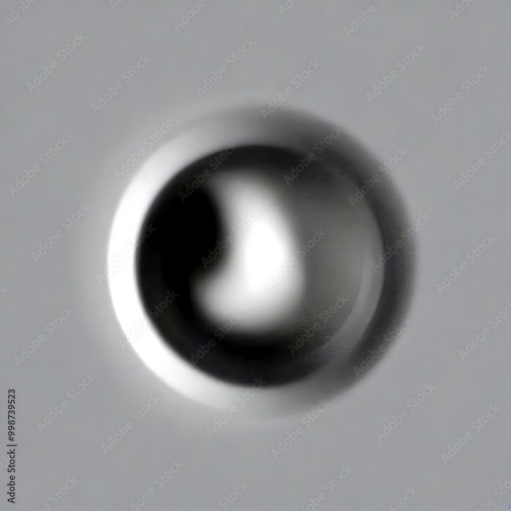 Poster a black and white abstract composition featuring a circular shape with a small, indistinct object inside, set against a gray background