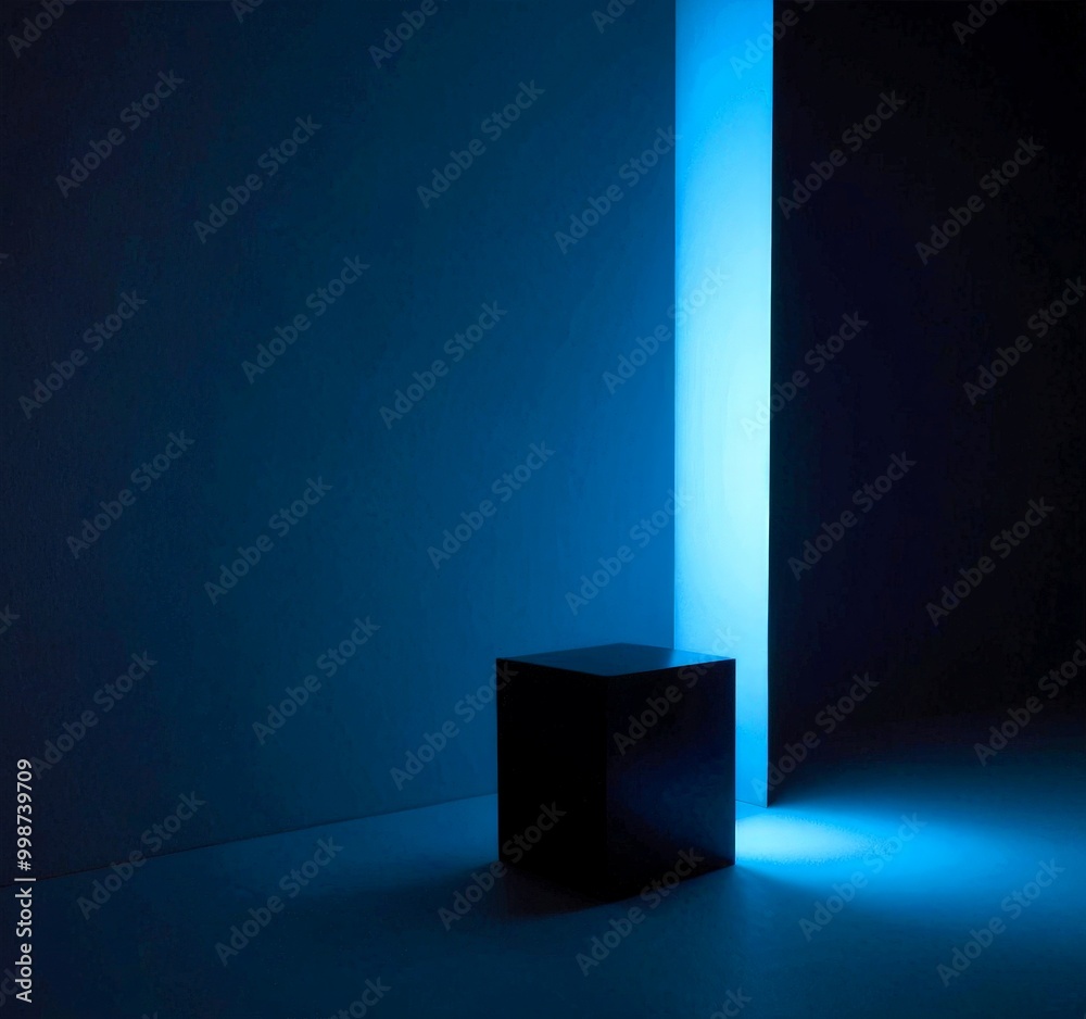 Poster a black cube stands in a minimalist room with a blue light shining on it, creating a dramatic effect