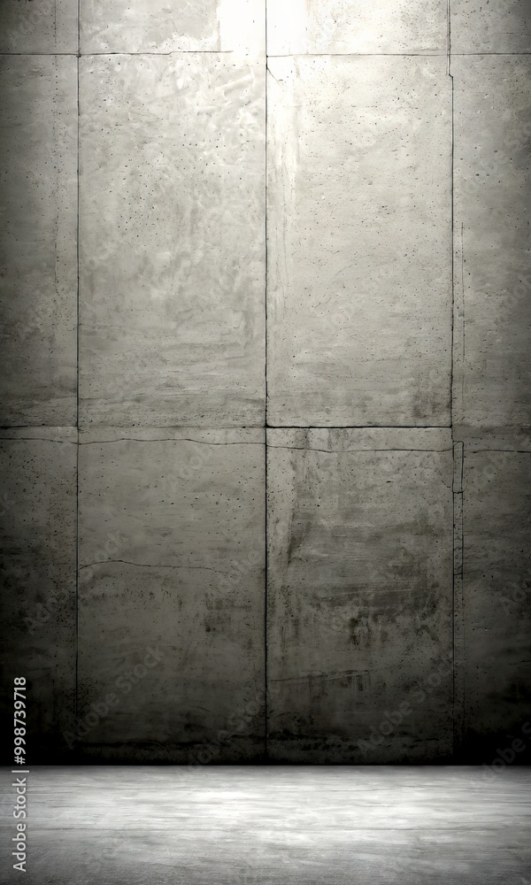 Poster A monochromatic concrete wall with a grid-like pattern, featuring a flat, empty floor in the foreground