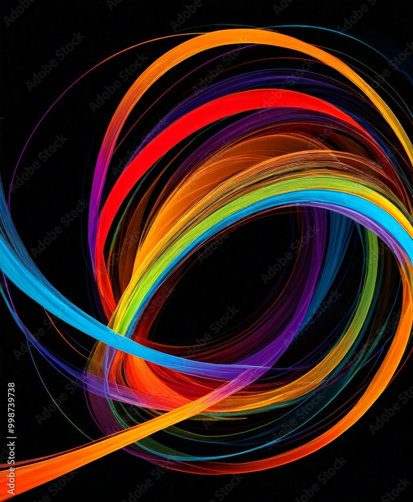 Poster a vibrant abstract composition of overlapping curved lines in various colors, including red, orange,