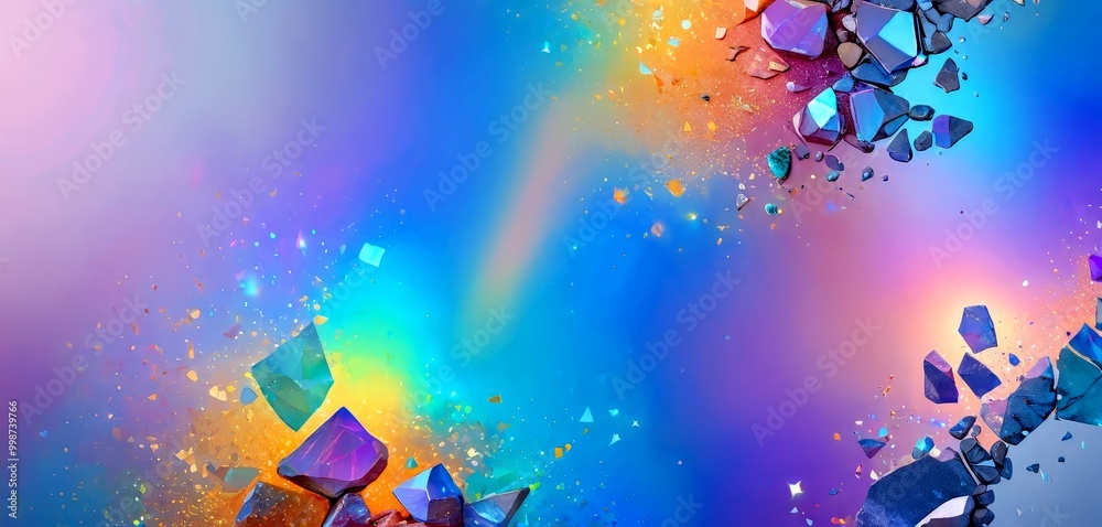 Poster a vibrant, abstract composition of colorful, geometric shapes and patterns, including a rainbow-like gradient, scattered rocks, and a rainbow-like arc.